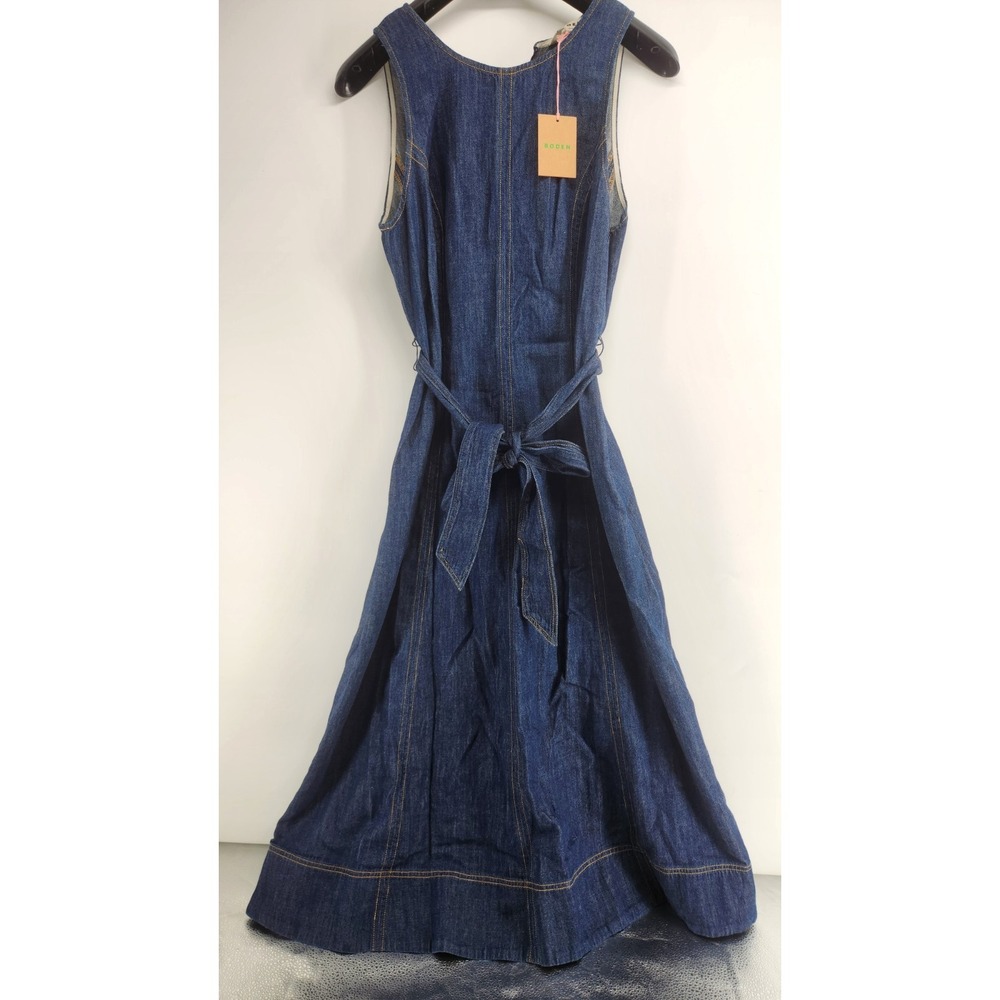 Boden Indigo Denim Midi Dress with Tie Waist
